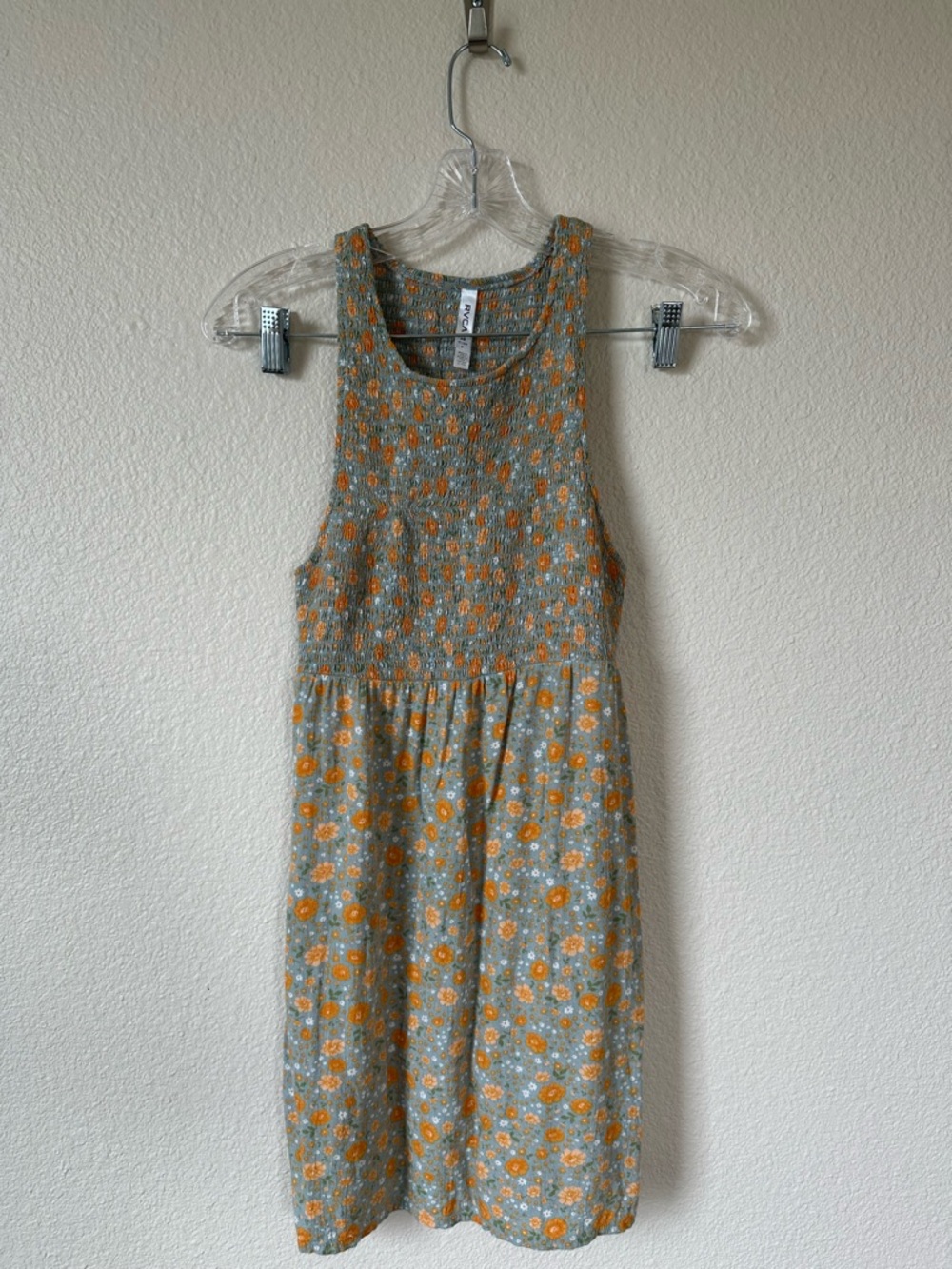 RVCA Floral Mini Dress XS Green Orange Smocked Bodice